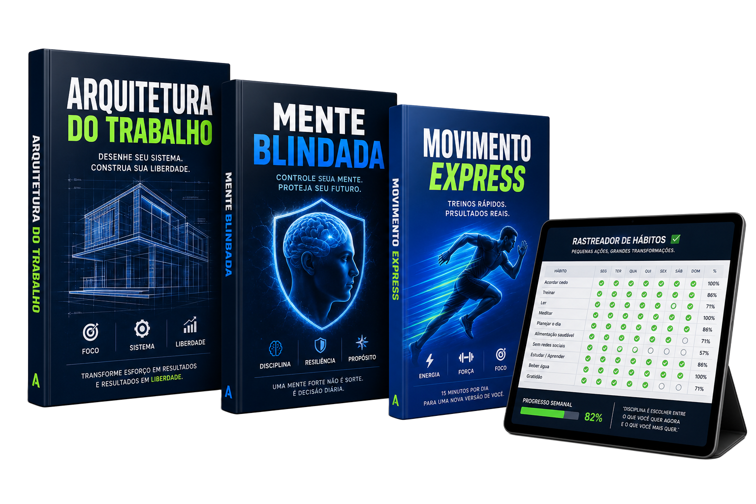 Mockup dos três livros e planilha do Protocolo Vida Digital 360°
